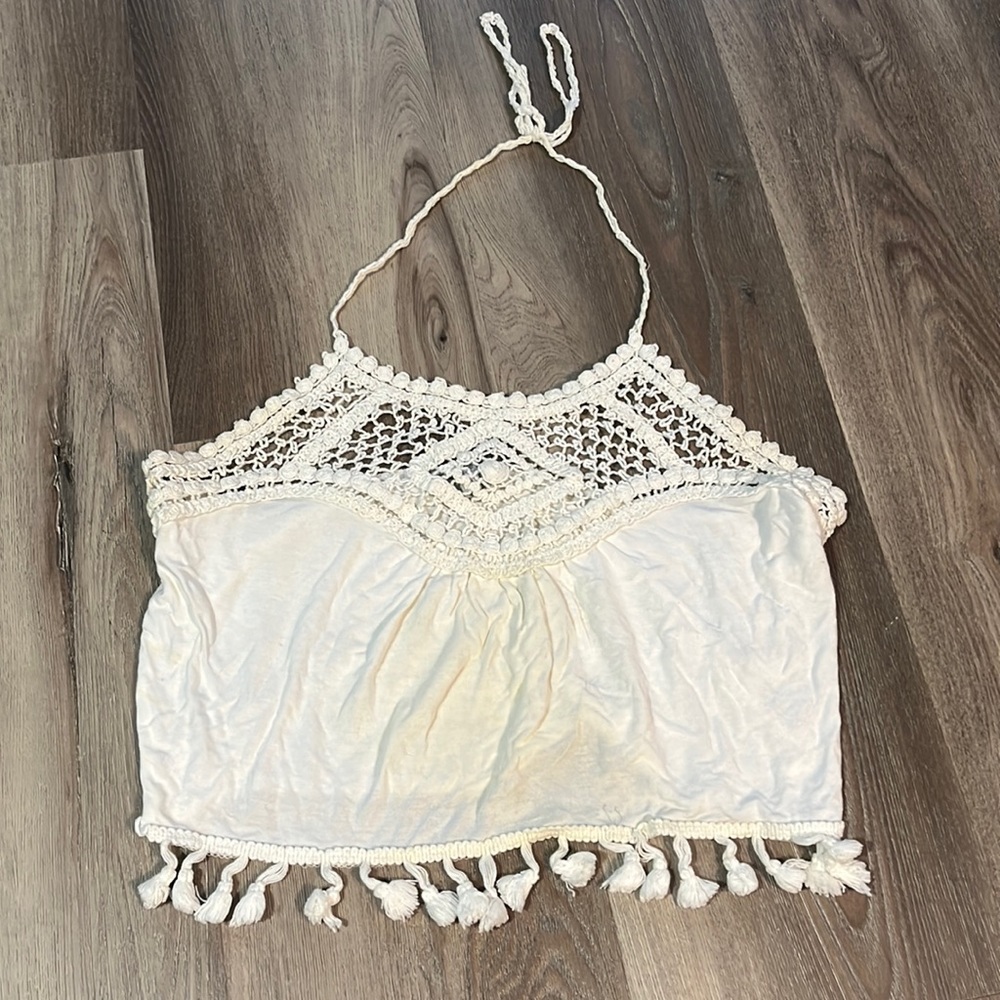 White Crochet Halter Crop Top With Tassels